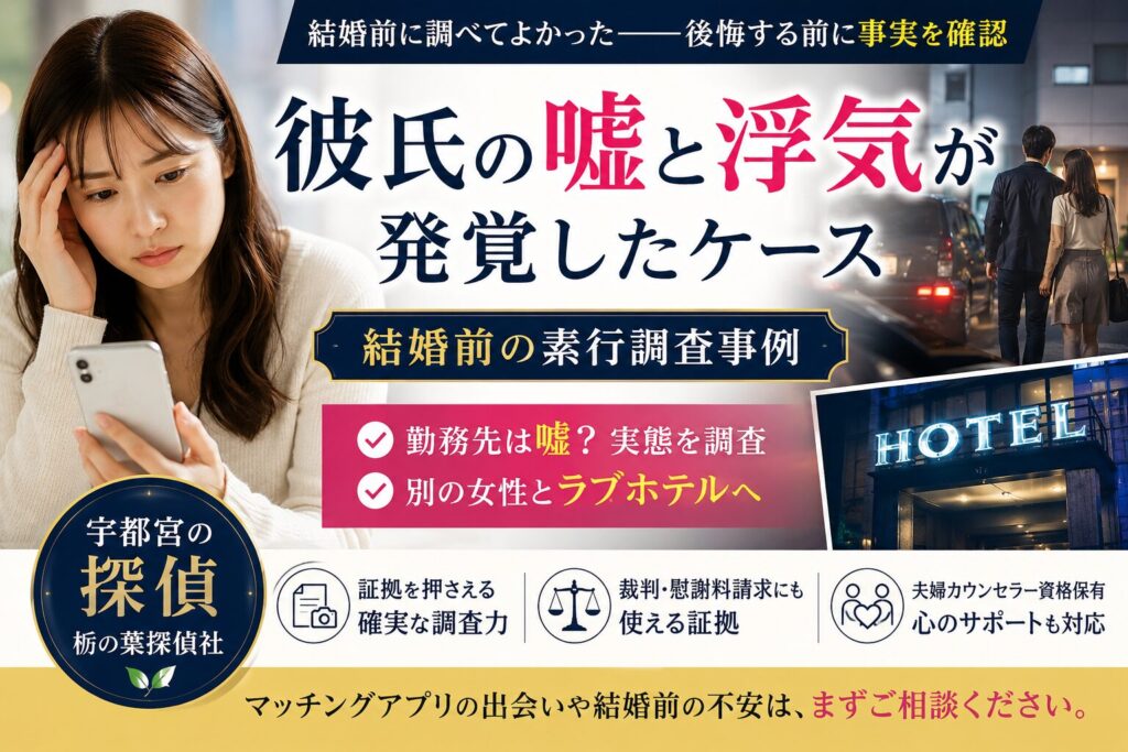 結婚前の素行調査で彼氏の嘘と浮気が発覚した事例｜宇都宮の栃の葉探偵社