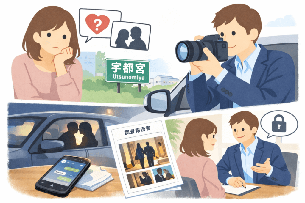宇都宮の探偵による浮気調査のイメージ。聞き取り相談と尾行調査、調査報告書作成までの流れを示したイラスト
