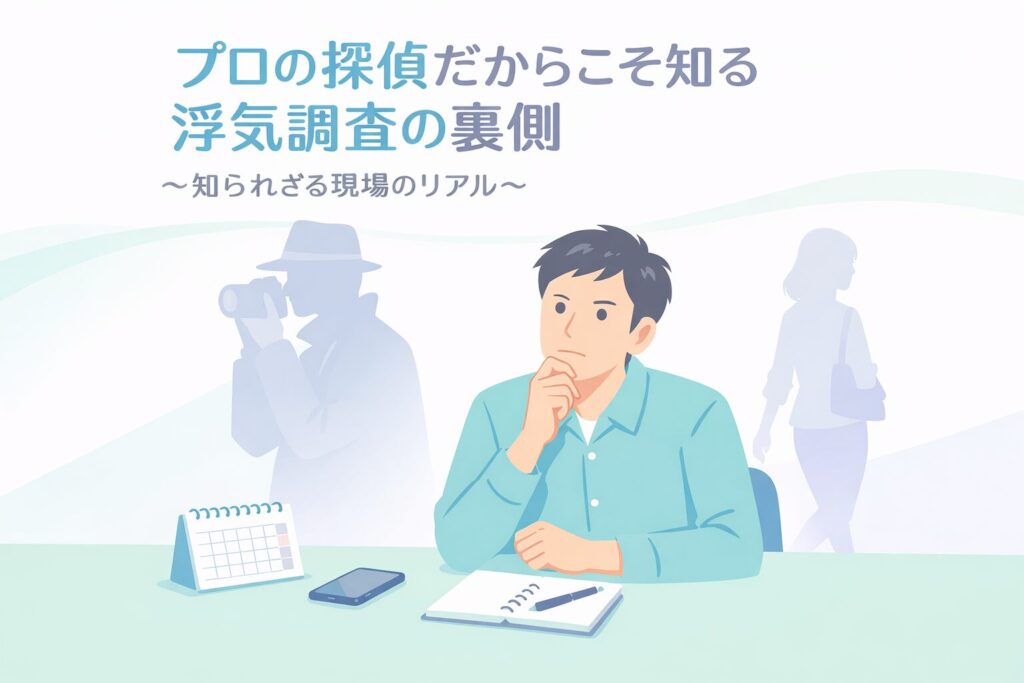プロの探偵だからこそ知る浮気調査の裏側〜知られざる現場のリアル〜男性依頼者が考える、探偵の浮気調査の裏側。背景に尾行する探偵と女性のシルエット。