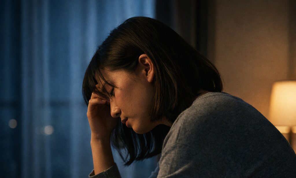 暗い中悩む女性