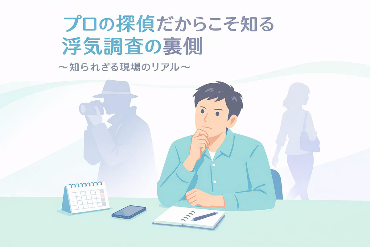 プロの探偵だからこそ知る浮気調査の裏側〜知られざる現場のリアル〜男性依頼者が考える、探偵の浮気調査の裏側。背景に尾行する探偵と女性のシルエット。