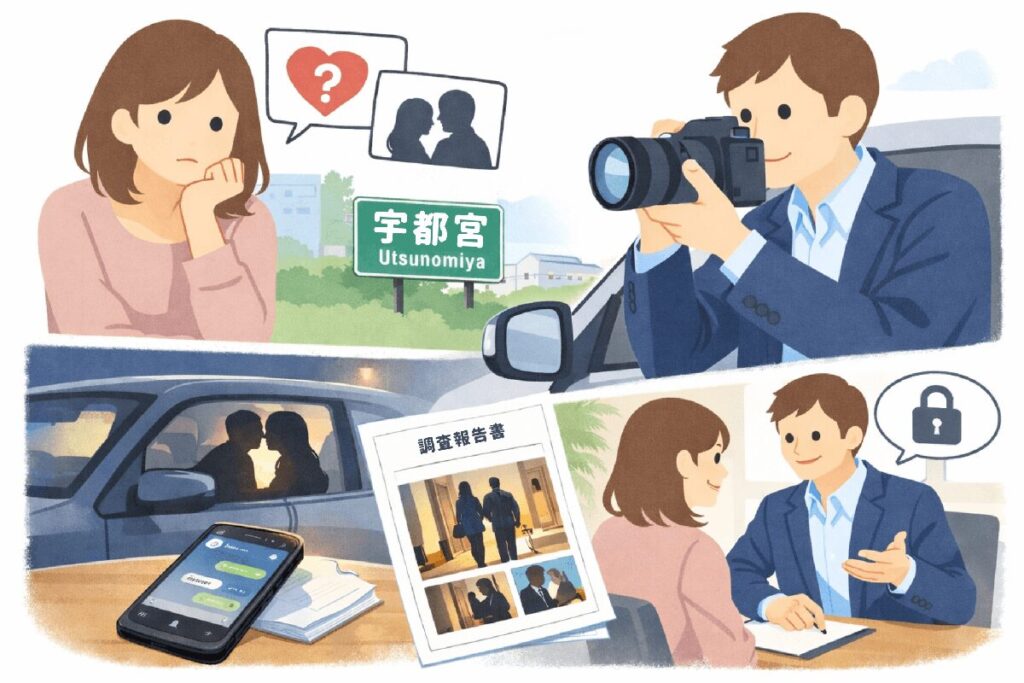 宇都宮の探偵による浮気調査のイメージ。聞き取り相談と尾行調査、調査報告書作成までの流れを示したイラスト