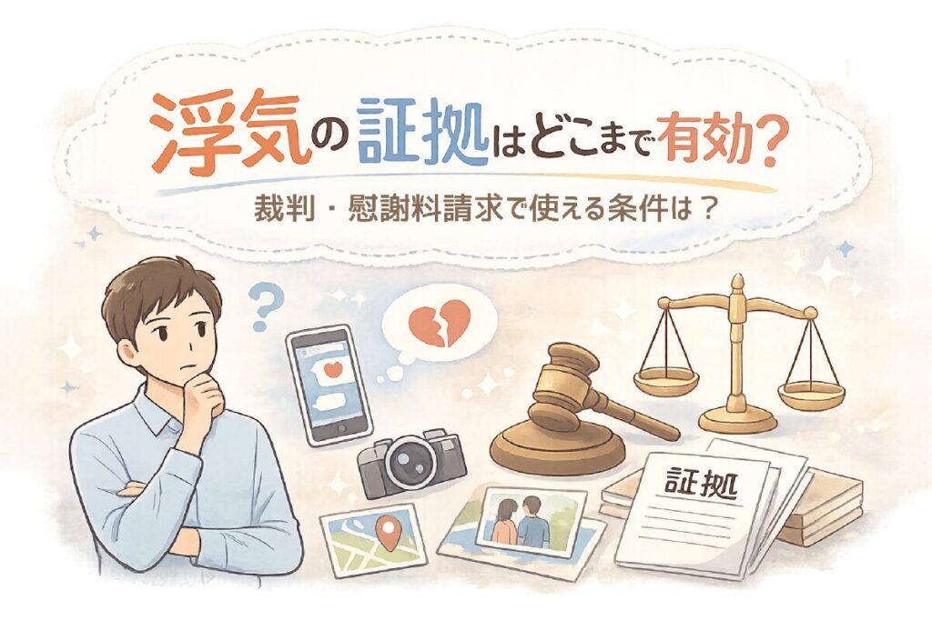 浮気の証拠が裁判や慰謝料請求で有効か悩む男性のイラスト