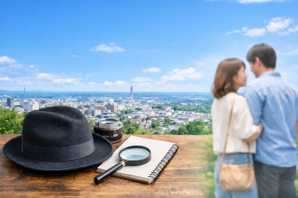 宇都宮の探偵による浮気調査イメージ｜不倫現場を示唆する男女と調査ツールの写真