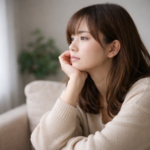 浮気や不倫に悩み、不安そうに考え込む女性のイメージ