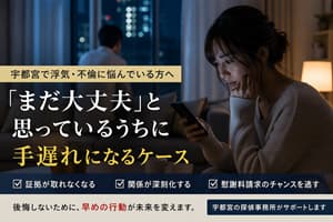 宇都宮で浮気や不倫に悩みスマートフォンを見ながら不安を感じている女性のイメージ