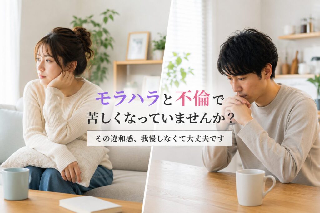 モラハラと不倫に悩み、スマホを見ながら不安を抱える人物のイメージ