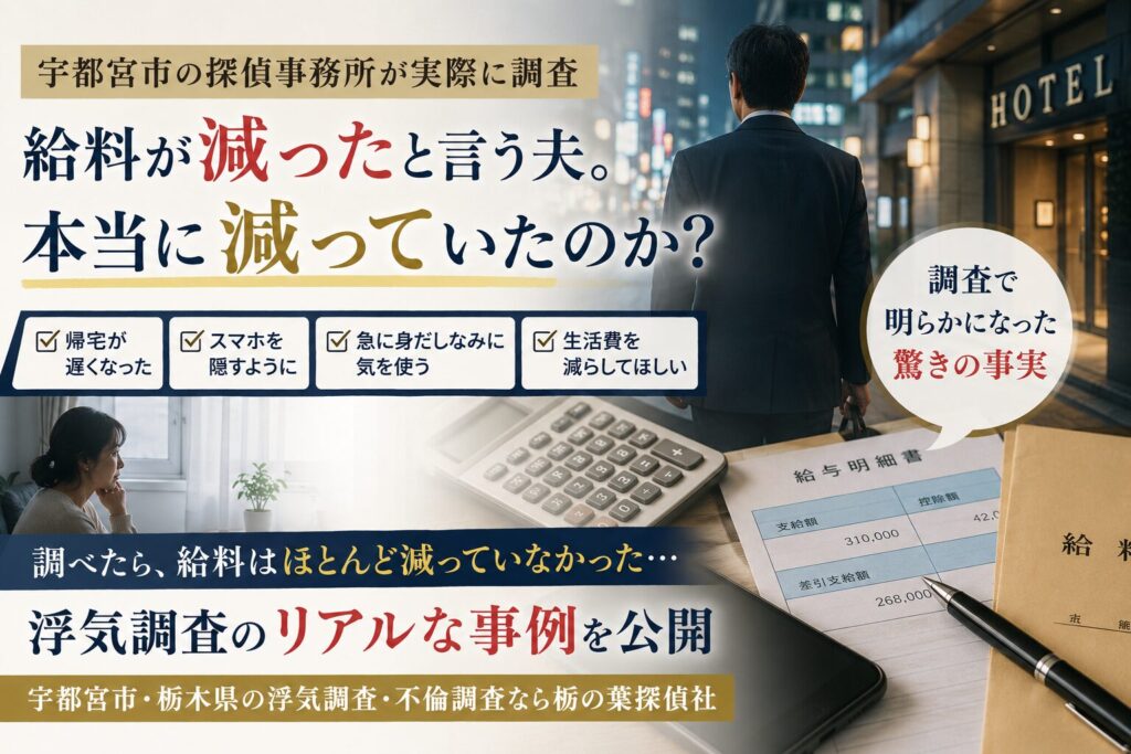 宇都宮市で実際にあった「給料が減った」と話す50代夫の浮気調査事例をテーマにした探偵コラムのアイキャッチ画像