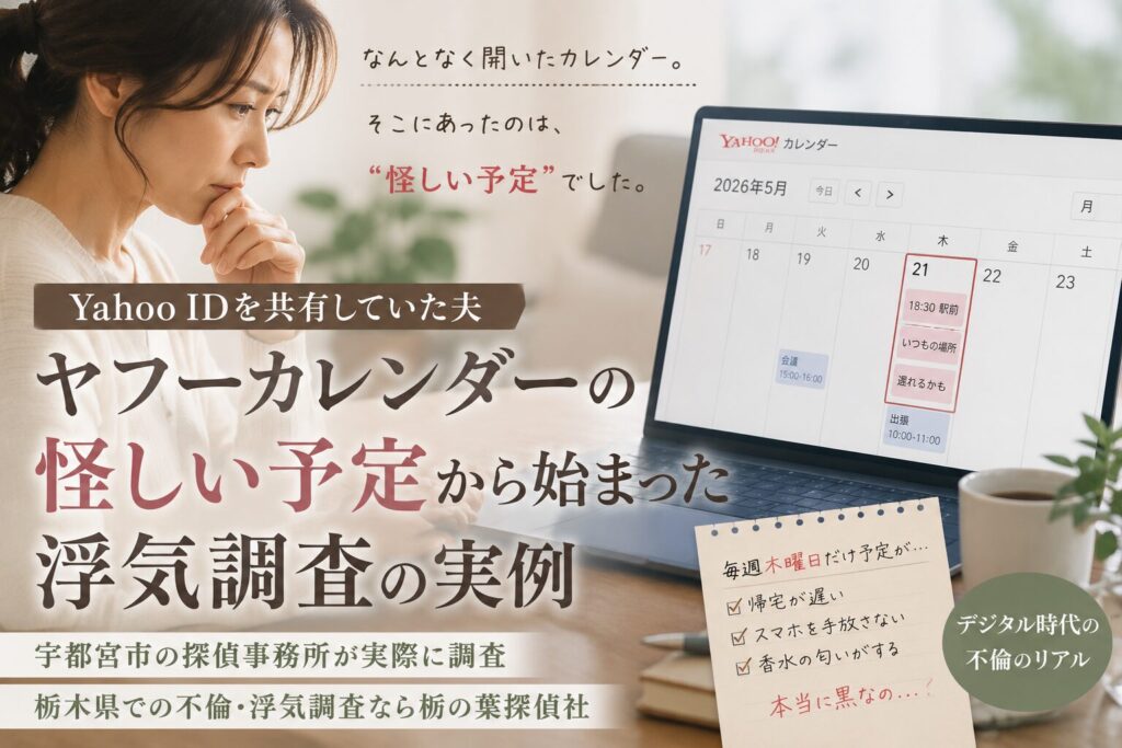 Yahoo ID共有からヤフーカレンダーの怪しい予定に気付き、不倫調査へ発展した宇都宮市の探偵事例をイメージしたアイキャッチ画像