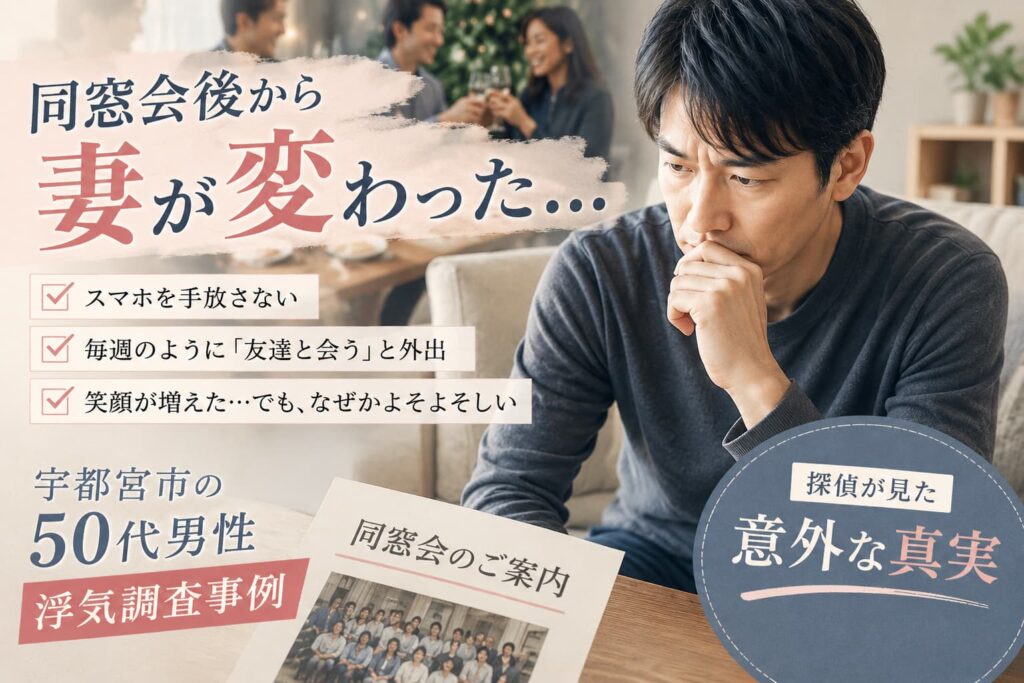 宇都宮市の50代男性から依頼された同窓会不倫の浮気調査事例と1日限定セットプランの調査内容を紹介する探偵コラム