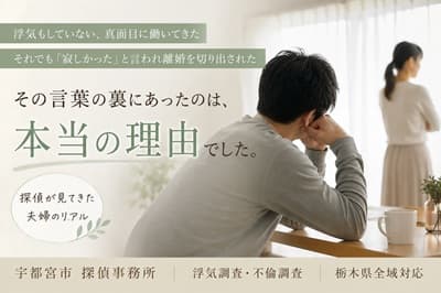 離婚届を前に悩む男性の後ろ姿と距離を感じる夫婦をイメージした宇都宮市の探偵事務所による浮気調査・不倫調査の記事アイキャッチ