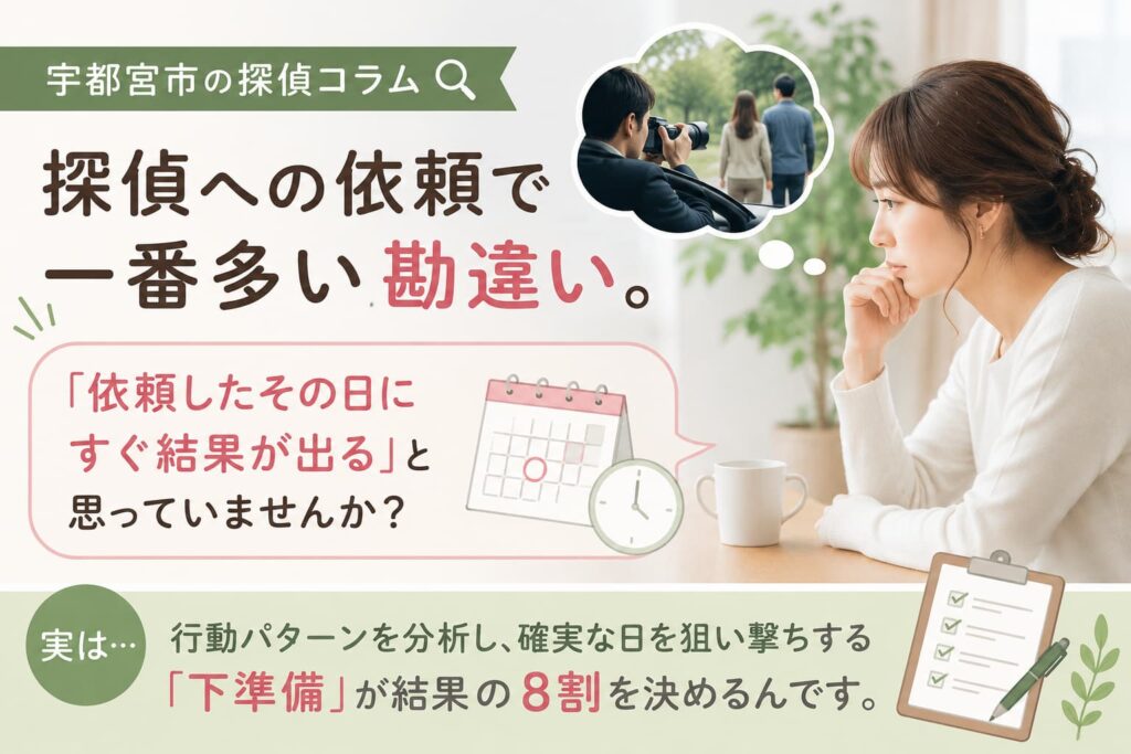 宇都宮市の探偵事務所が解説する、浮気調査・不倫調査で「依頼したその日に結果が出る」と思われがちな勘違いと、調査前の下準備の重要性を紹介するアイキャッチ画像