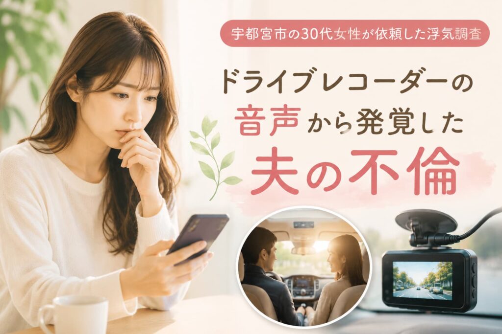 宇都宮市の30代女性が、ドライブレコーダーの音声をきっかけに夫の不倫を疑い、浮気調査を依頼した事例を紹介するアイキャッチ画像