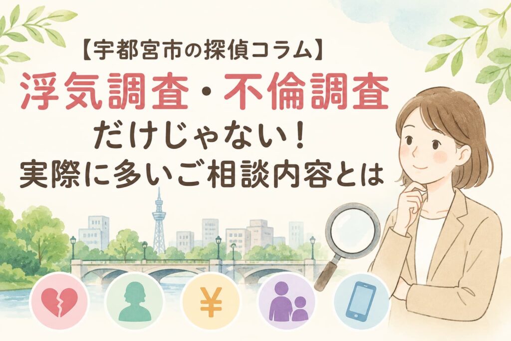 宇都宮市の探偵コラム。浮気調査・不倫調査だけではない探偵事務所への相談内容をわかりやすく紹介するアイキャッチ画像