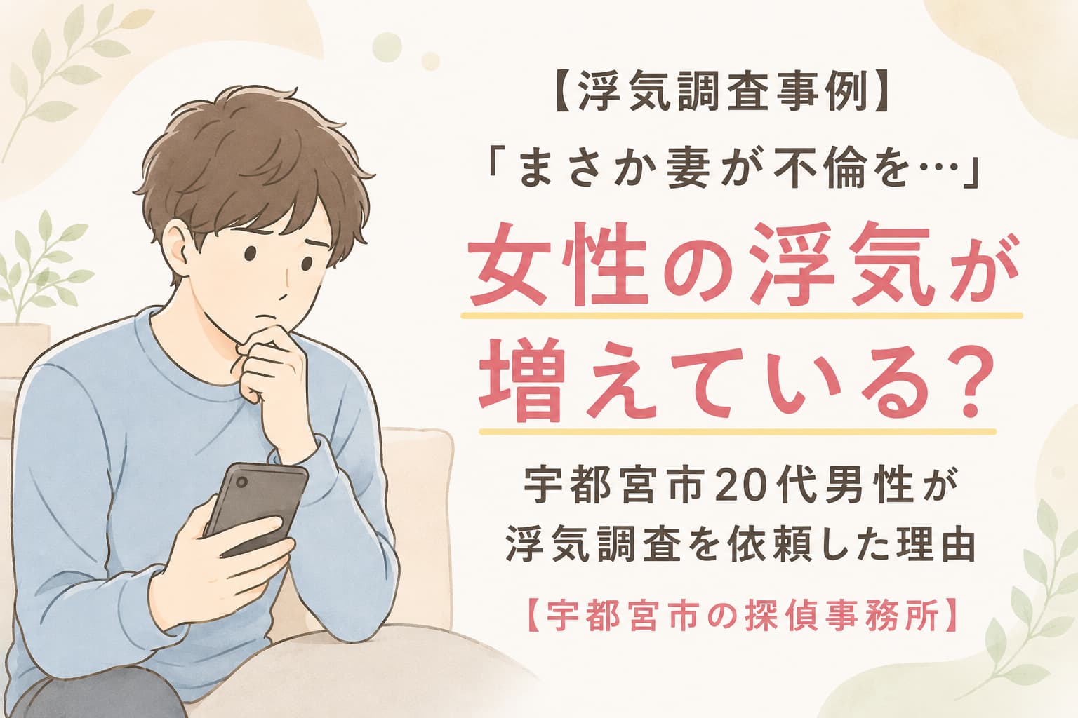 女性の浮気が増えていることをテーマに、妻の不倫を疑い浮気調査を依頼した宇都宮市20代男性を描いたイラスト