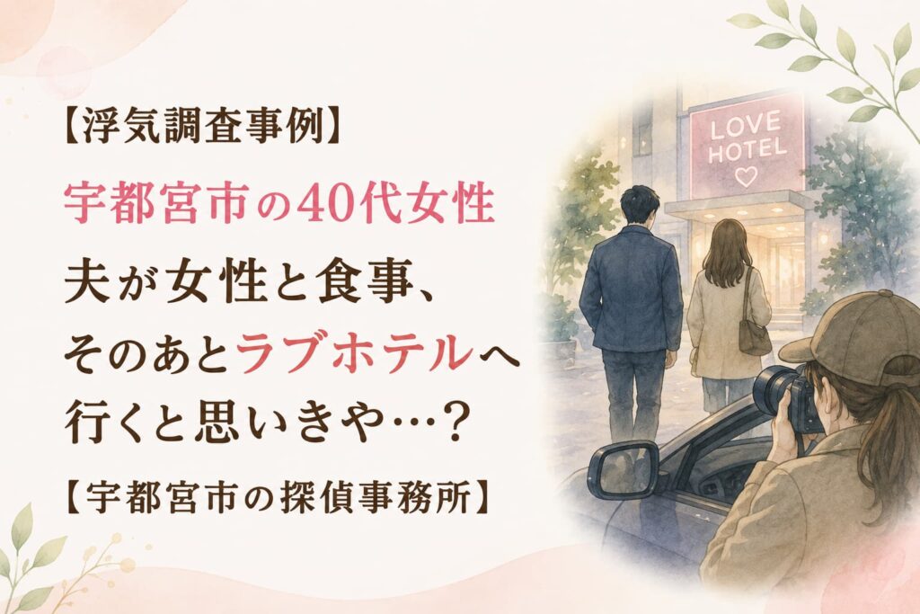 宇都宮市の40代女性の浮気調査で夫と女性を尾行する探偵のイラスト