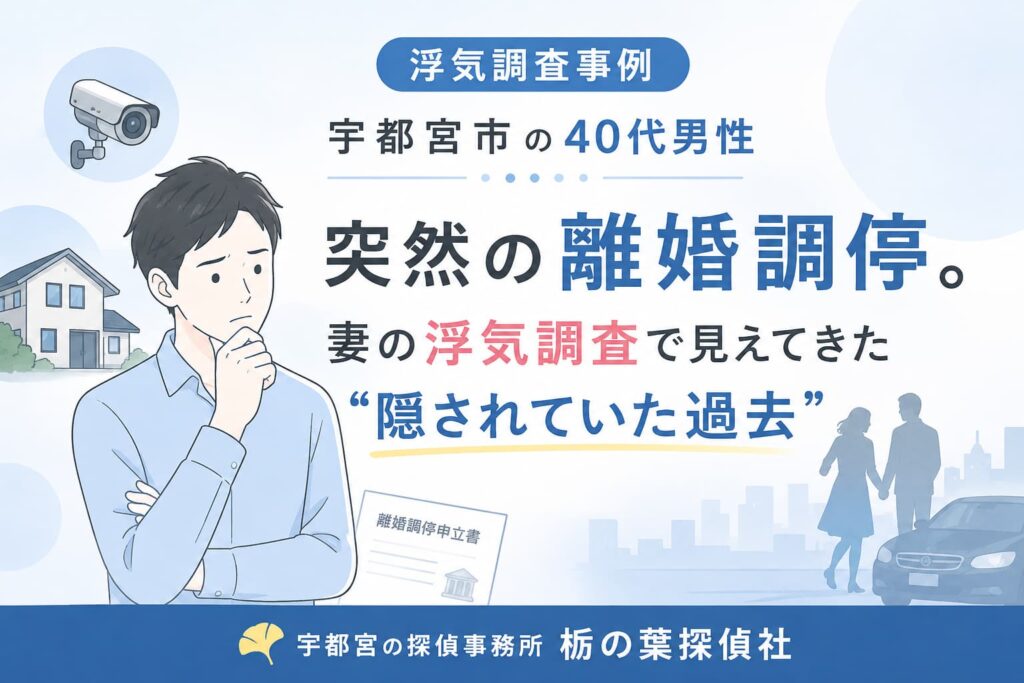 【浮気調査事例】宇都宮市の40代男性|突然の離婚調停をきっかけに浮気調査を行い、妻の隠されていた過去が判明した事例【宇都宮の探偵】