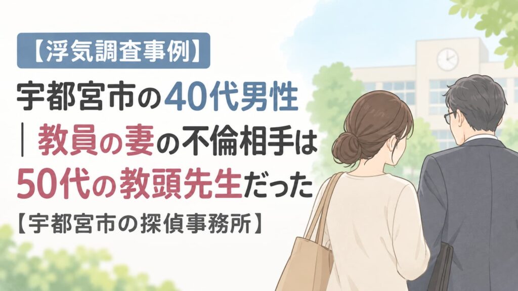 宇都宮市の40代男性が依頼した浮気調査で、教員の妻と同じ学校に勤務する50代の教頭との不倫が判明した事例を描いたイラスト
