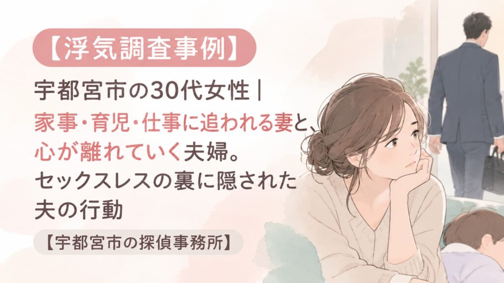 宇都宮市の浮気調査事例。家事や育児、仕事に追われる妻と、心が離れていく夫婦の様子を描いたイラスト